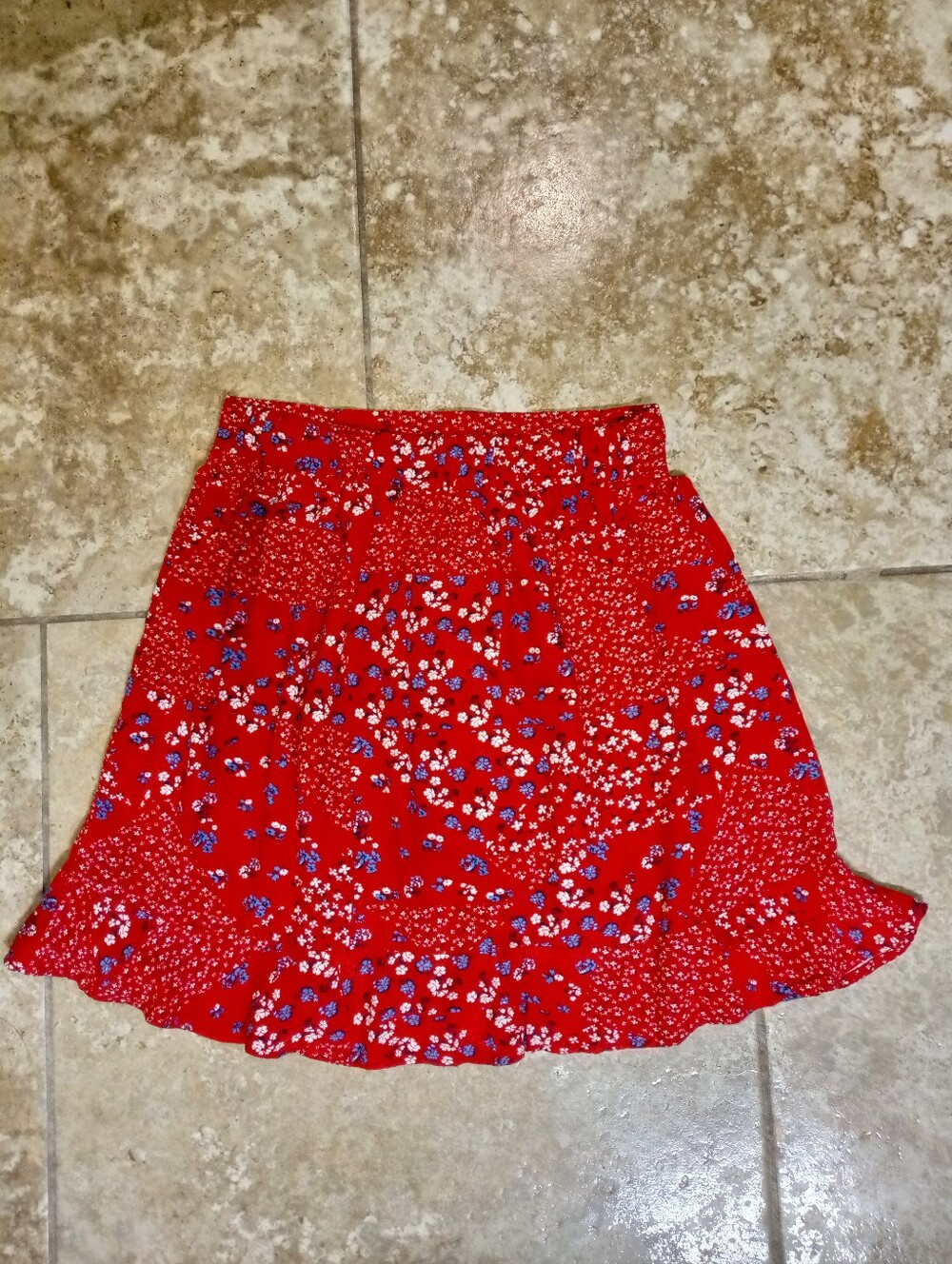 Red Floral Mini Skirt with Ruffle Hem